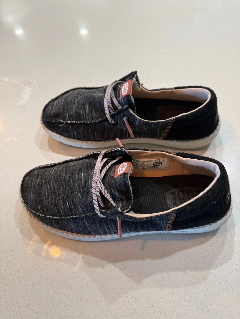 Hey Dude Women’s Wendy Funk Jersey Casual Shoes - Black with Pink Accents Size 8